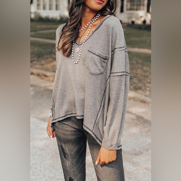 Gray Contrast Waffle Knit V-Neck Drop Shoulder Top - Picture 3 of 4